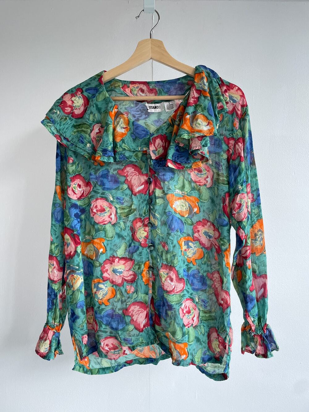 Vtg 90's GITANO Colorful Gauzy Floral Ruffled Long Sleeve Shirt / Sz S / Boho